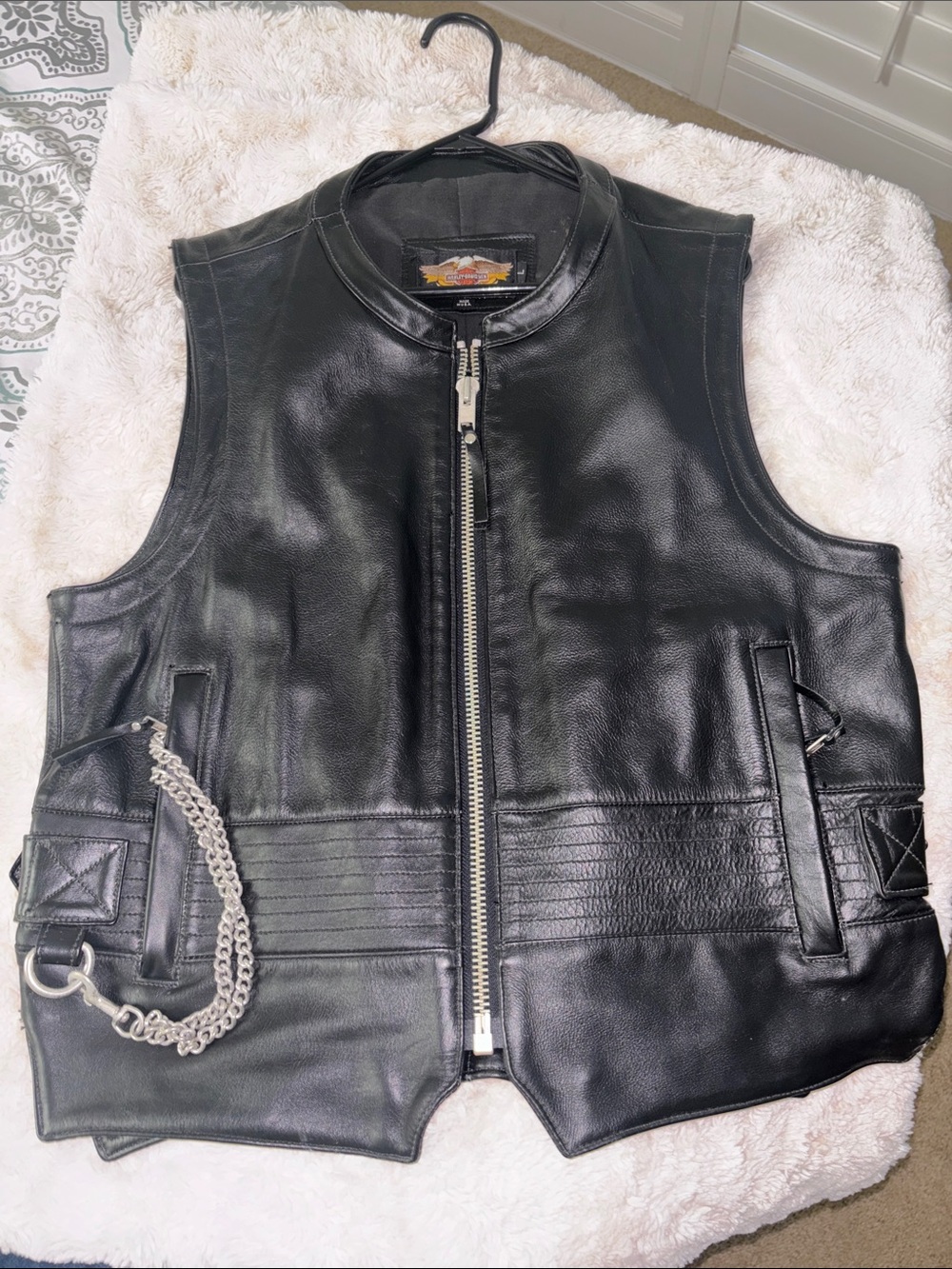 Harley-Davidson Black Leather Biker Vest with Chain Accent